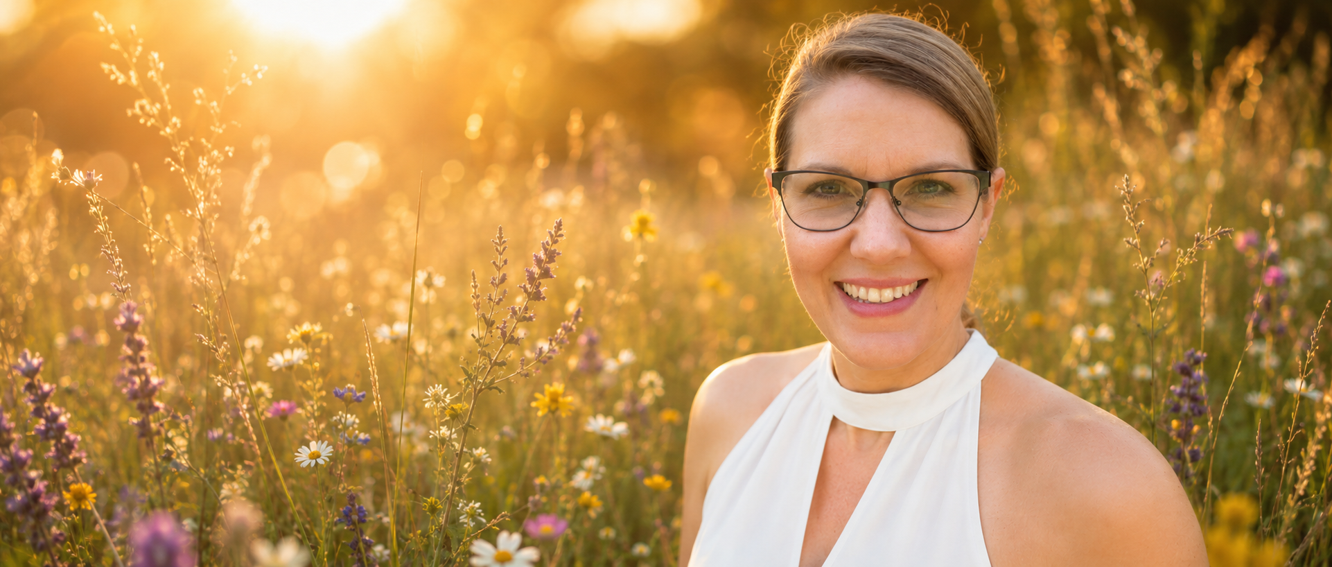 Aviva Chantal Glück lächelnd in einem sonnigen Sommer-Blumenfeld